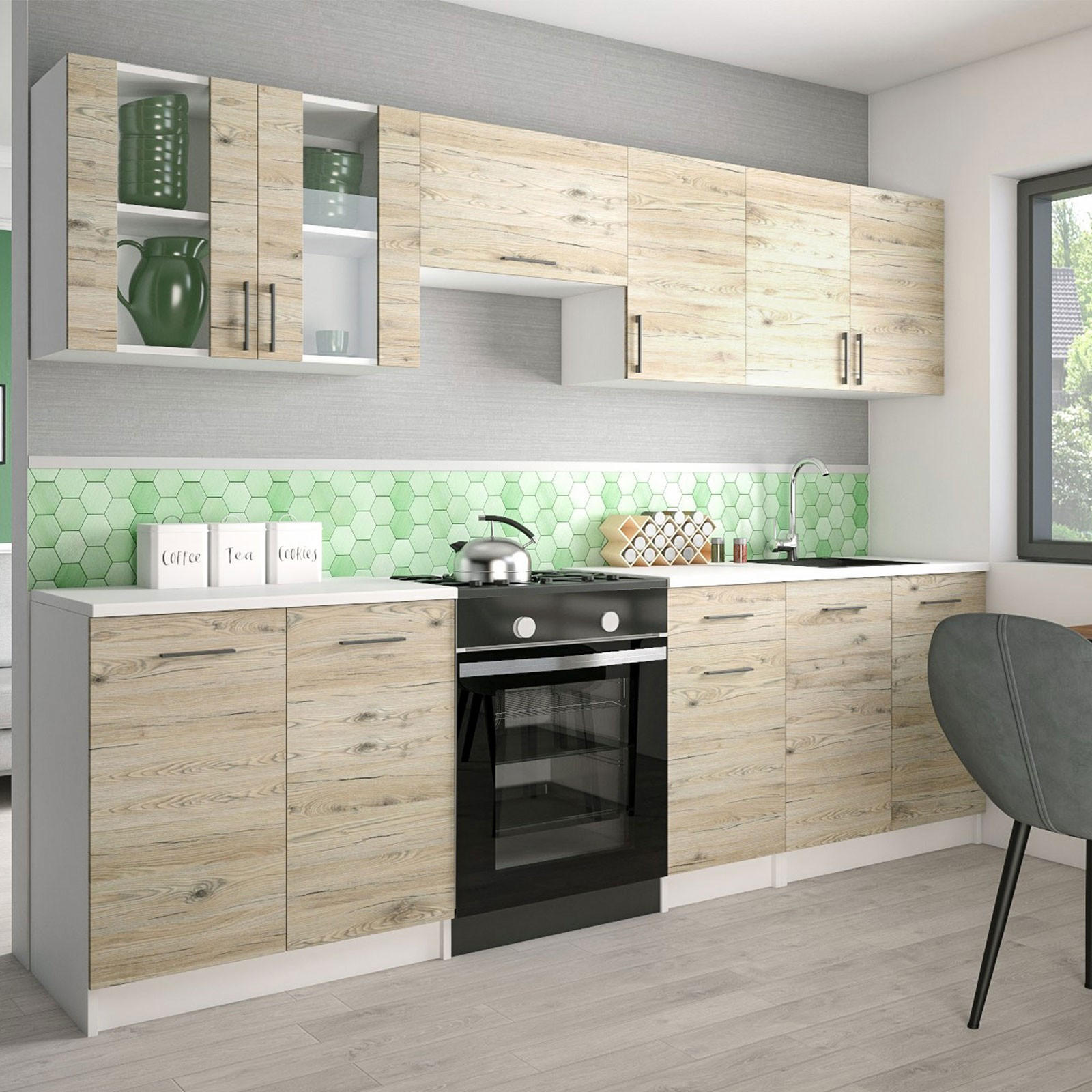 KÜCHENZEILE LECO 260 eiche bordeaux - Bordeaux, Holzwerkstoff (260/82/46cm) - roe furniture