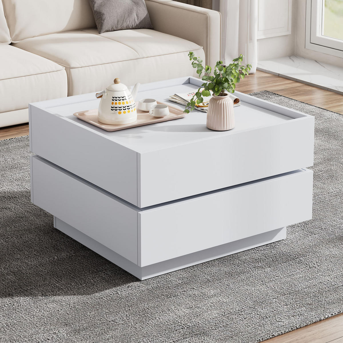 COUCHTISCH 360° drehbar mit Schublade Spanplatte modern Wohnzimmer Büro pflegeleicht multifunktional - Weiß, Holzwerkstoff (60/60/38cm) - EVRYAE
