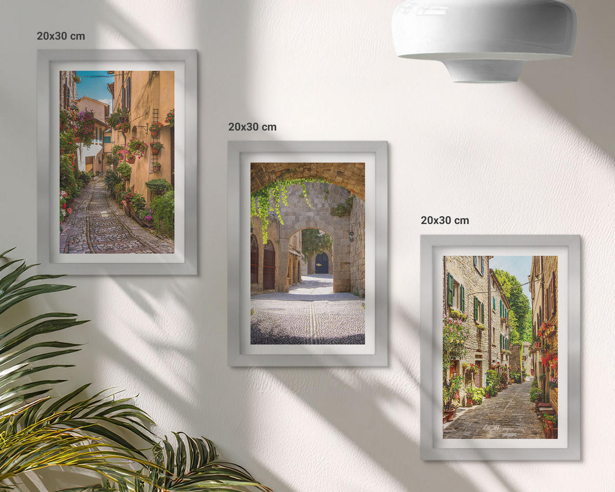 BILDER SET 3er Set - 20x30 cm Silberner Rahmen - Italienische Straßen, Blumen, Architektur - Silberfarben, Kunststoff (20/30cm) - TULUP