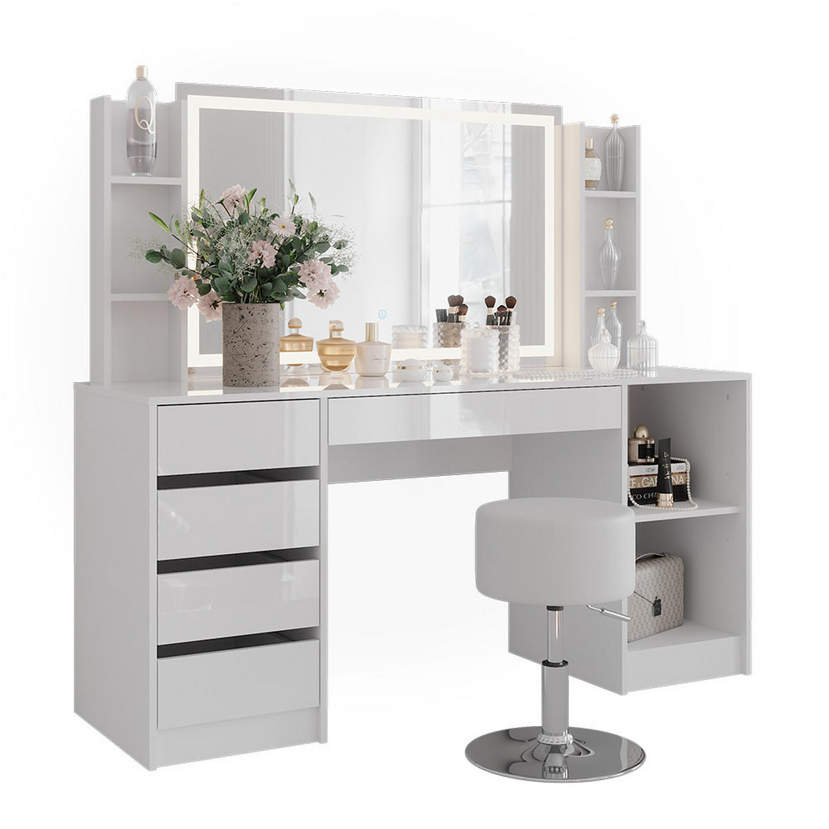 SCHMINKTISCH Sherry Weiß/Weiß Hochglanz 158.2 cm 5 Teile - Weiß Hochglanz, Holzwerkstoff (158.2/76/50.1cm) - Vicco