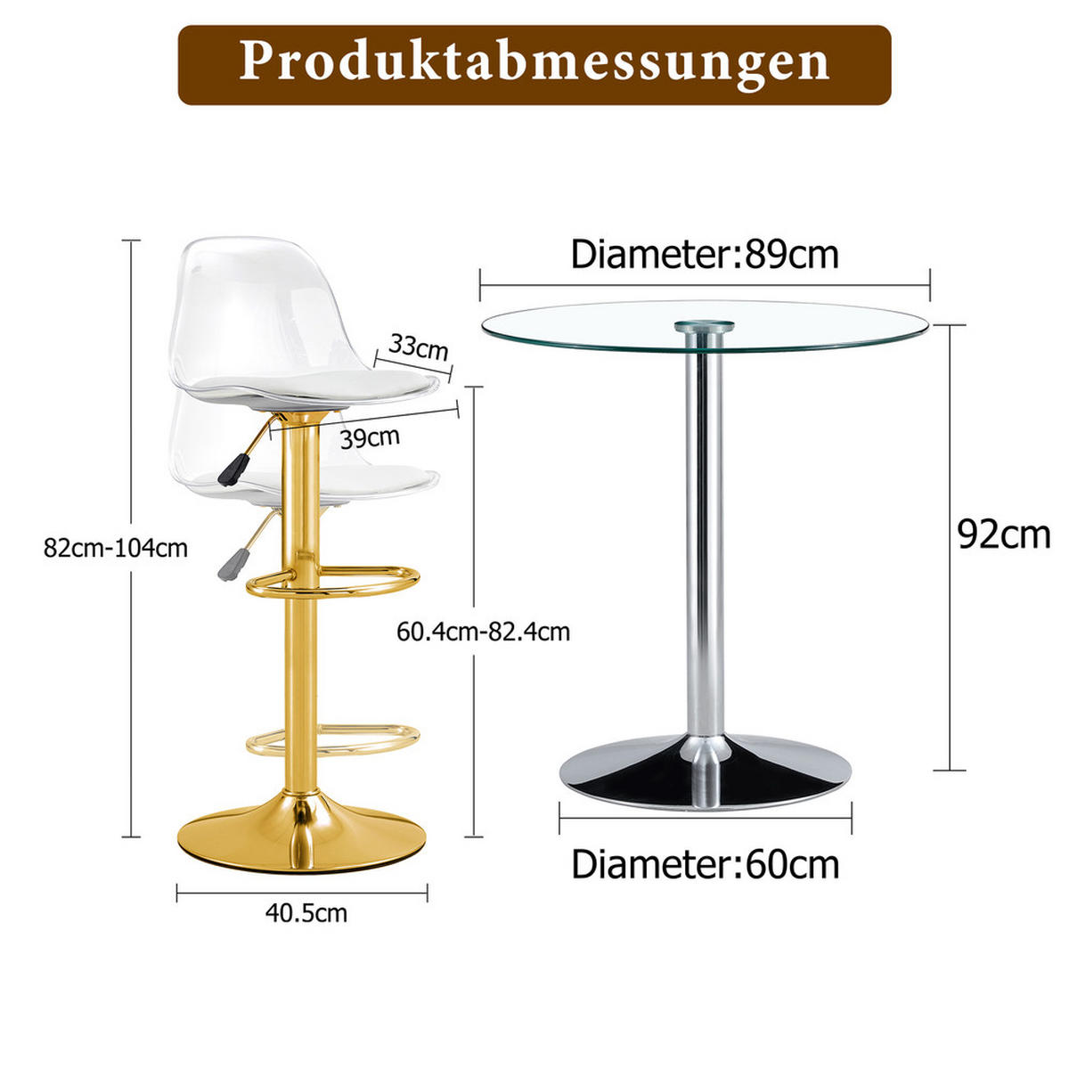 TISCHGRUPPE 3-tlg Glastisch 89 cm mit 2 Barhocker Drehbar Gold - Transparent/Goldfarben, Glas/Metall (49.5/50.5/52cm) - Raelunyi