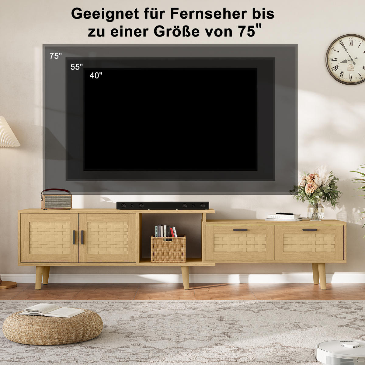 TV LOWBOARD ausziehbar 146–180 cm 2 Türen 2 Schubladen Holz - Naturfarben, Holz (146/44/29.8cm) - Fortuna Lai