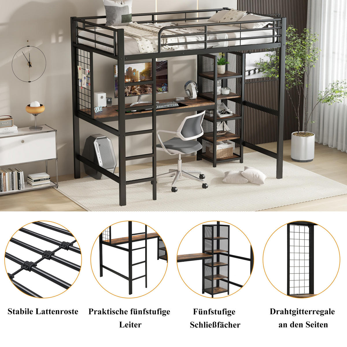 HOCHBETT 90/200 cm mit Schreibtisch und Stauraum in Schwarz/Dunkelholz - Schwarz, Holzwerkstoff (90/200cm) - BEAOK