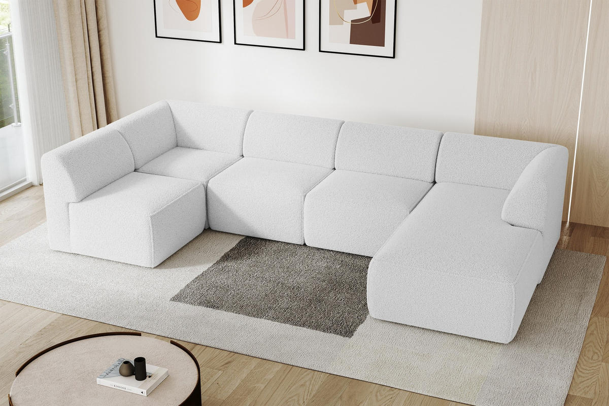 WOHNLANDSCHAFT Ottomane Rechts MOVO-L 345x180x78 cm Weiß Bouclé - Schwarz/Weiß, Holzwerkstoff/Kunststoff (345/78/180cm) - ALTDECOR