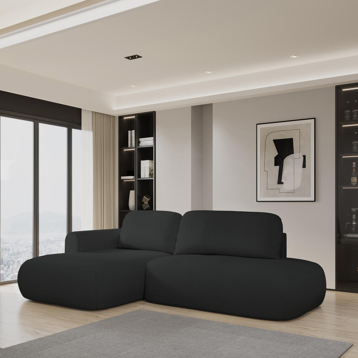 ECKSOFA NUVIRA L-S Schwarz Geflochtener Stoff mit Schlaffunktion - Schwarz, Holz (274/165cm) - MASSENO