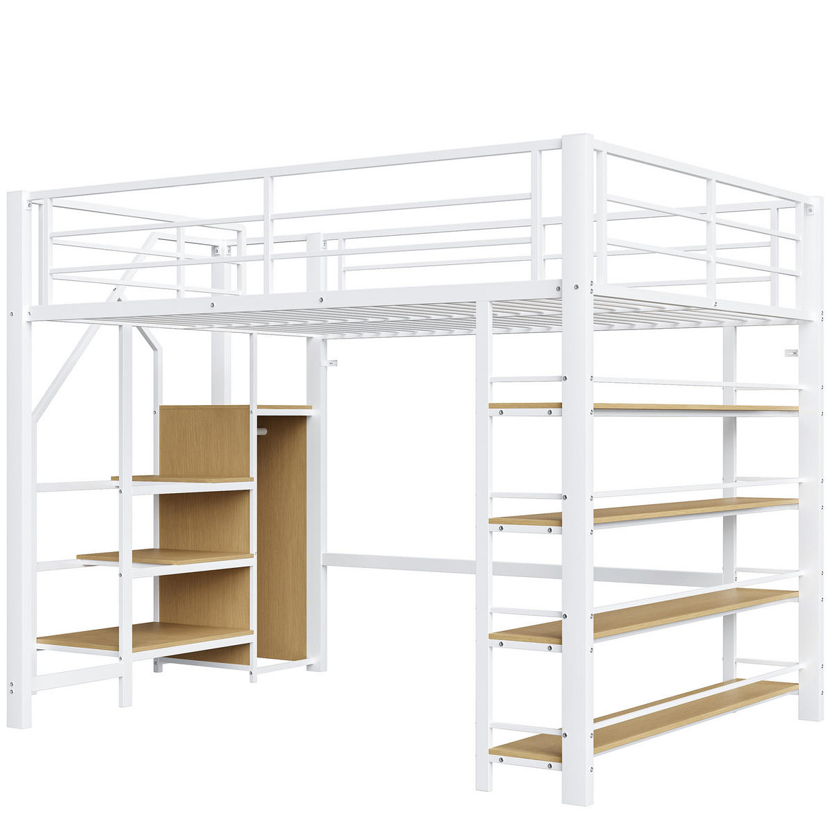 HOCHBETT 140/200 cm aus Metall mit Stauraumtreppe, Regalen und Garderobe, Weiß - Weiß, Holzwerkstoff (140/200cm) - Redom