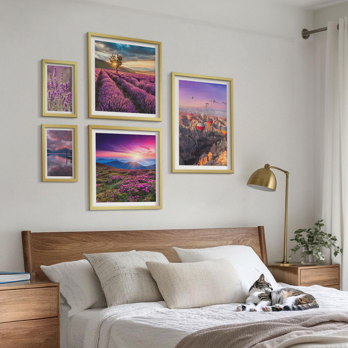 BILDER SET 5er Set - 50x50 cm & 20x30 cm & 40x60 cm Goldrahmen - Sonnenuntergang auf Lavendelfeldern - Goldfarben, Kunststoff (40/60cm) - TULUP
