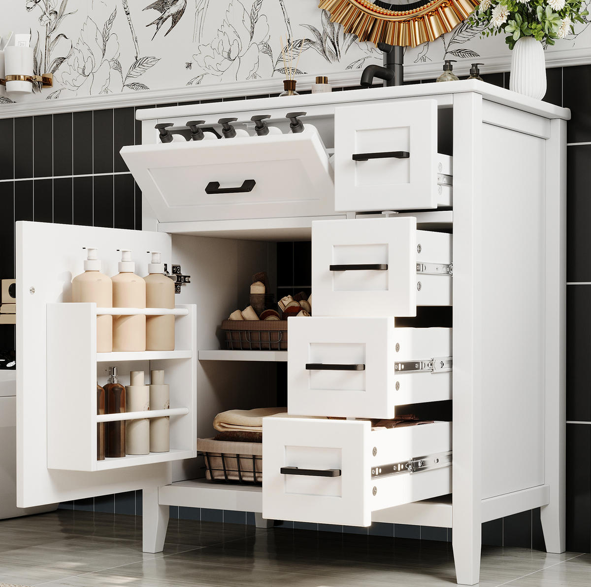 WASCHTISCHUNTERSCHRANK 76/46/90 cm weiß aus Keramik und MDF mit Stauraum - Weiß, Keramik (76/90/46cm) - OKWISH