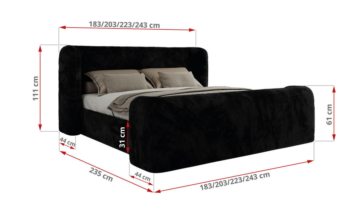 POLSTERBETT EMORA CLASSIC DUO 140/200 - Schwarz Plüsch - Multipocket-Matratze - Schwarz, Textil (140/200cm) - MKS