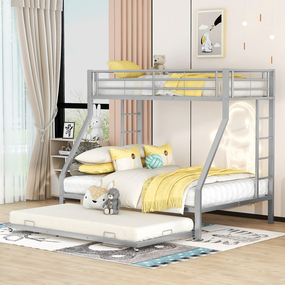ETAGENBETT aus Metall 90/140x200 cm in Silber mit Ausziehbett - Silberfarben, Metall (90/190cm) - Modfu
