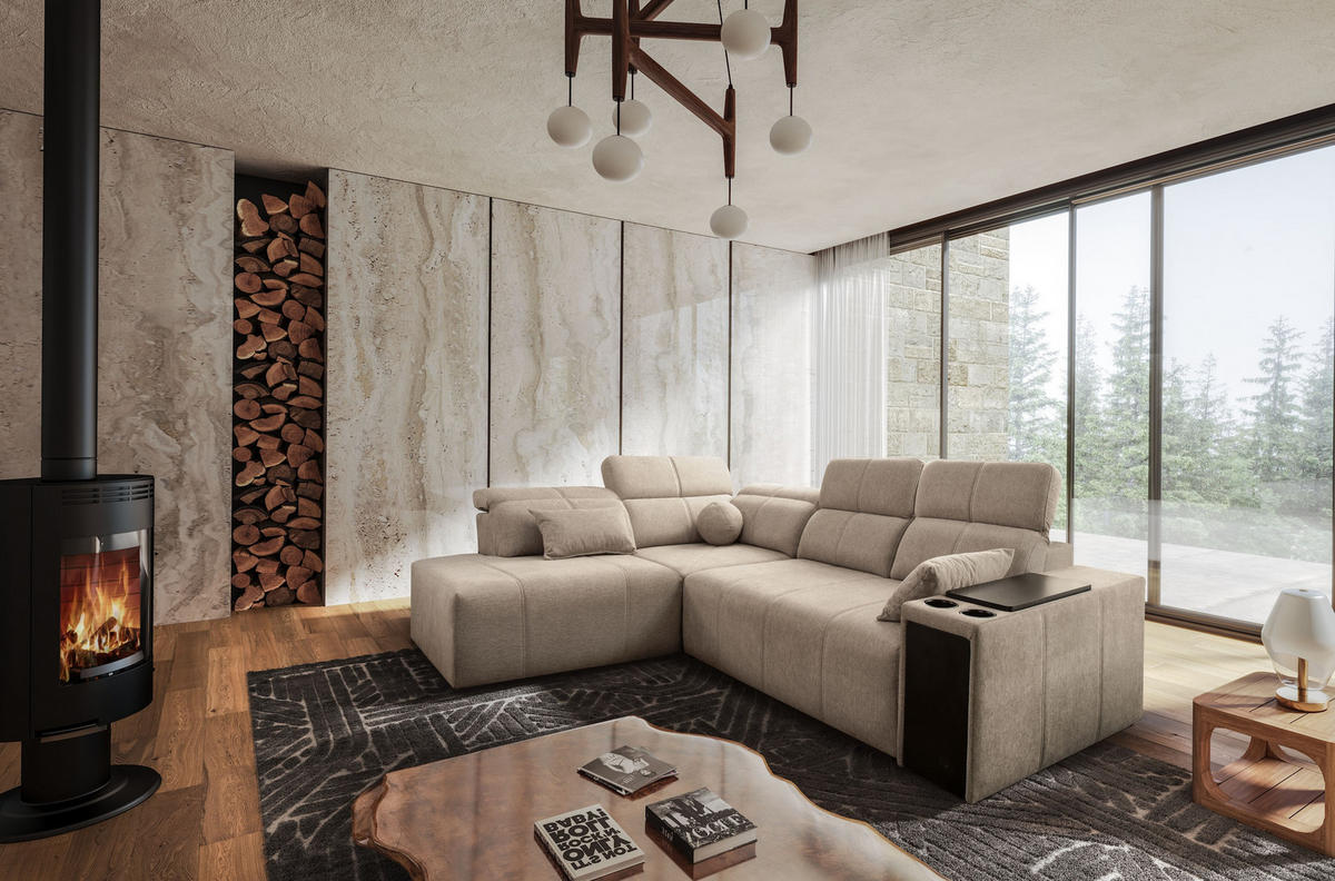 ECKSOFA Mindy VII mit Schlaffunktion und verstellbarer Rückenlehne, Stoff Verita KaltesBeige Links - Creme, Holz/Textil (230/288cm) - Kaiser Möbel