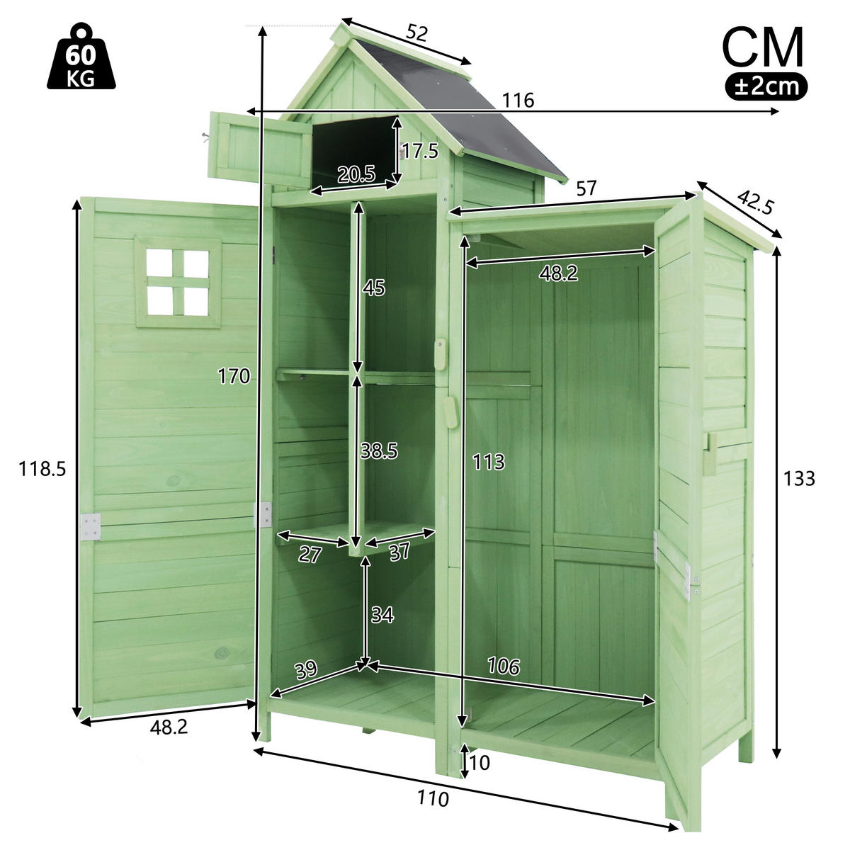 GERÄTEHAUS 118x54x173cm Grün Wetterfest Mit PVC-Dach - Grün, Holzwerkstoff (54/173/118cm) - FLIEKS