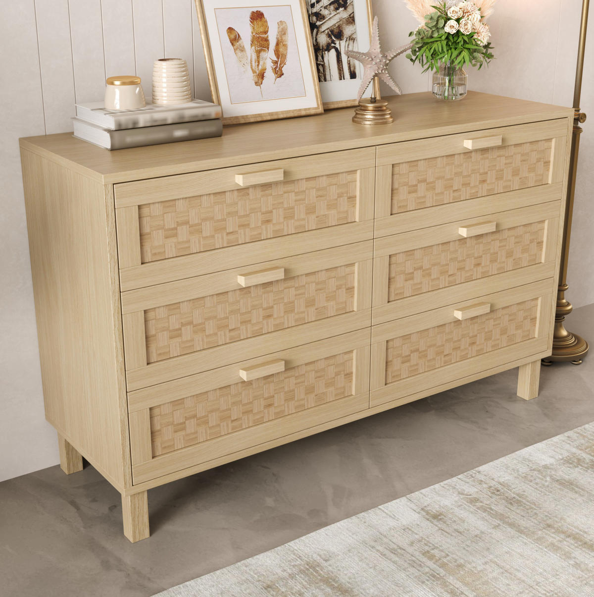 SIDEBOARD mit 6 Schubladen in Rattanoptik, 120/40/75 cm, Natur, Holzfarbe - Naturfarben, Holzwerkstoff (120/75/40cm) - Redom