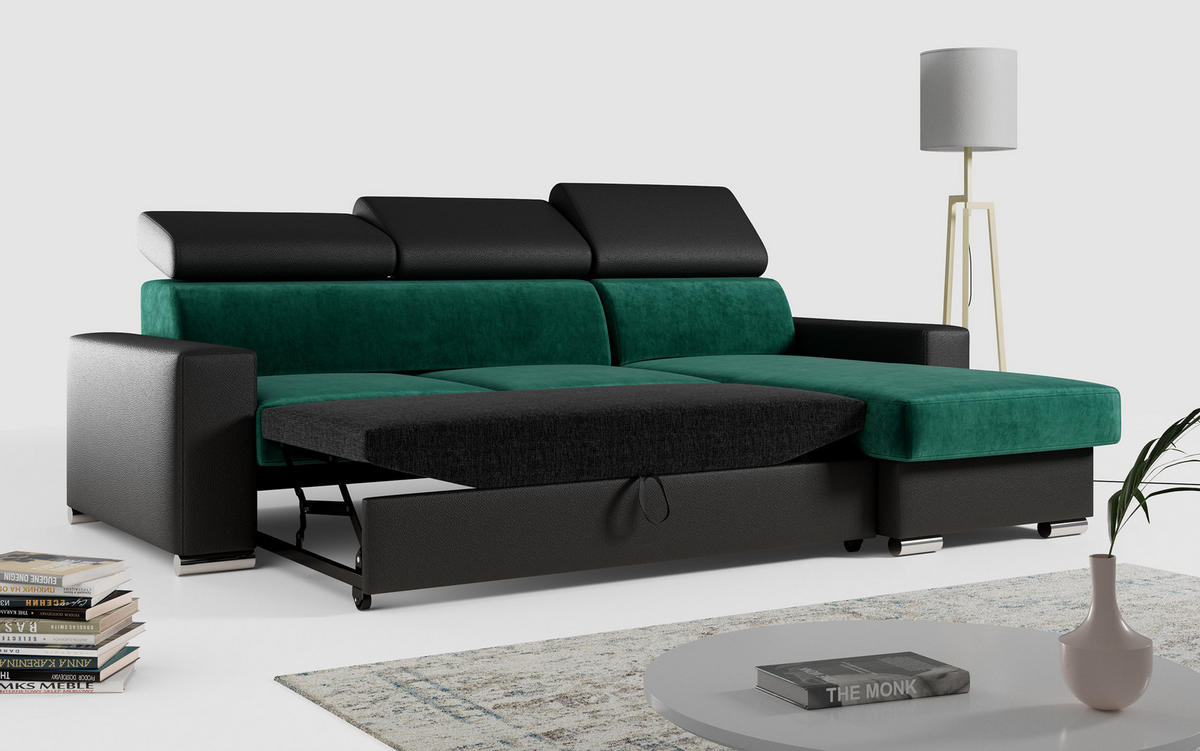 ECKSOFA FOX-L Dunkelgrün/Schwarz - Dunkelgrün/Silberfarben, Kunststoff/Textil (242/168cm) - MKS