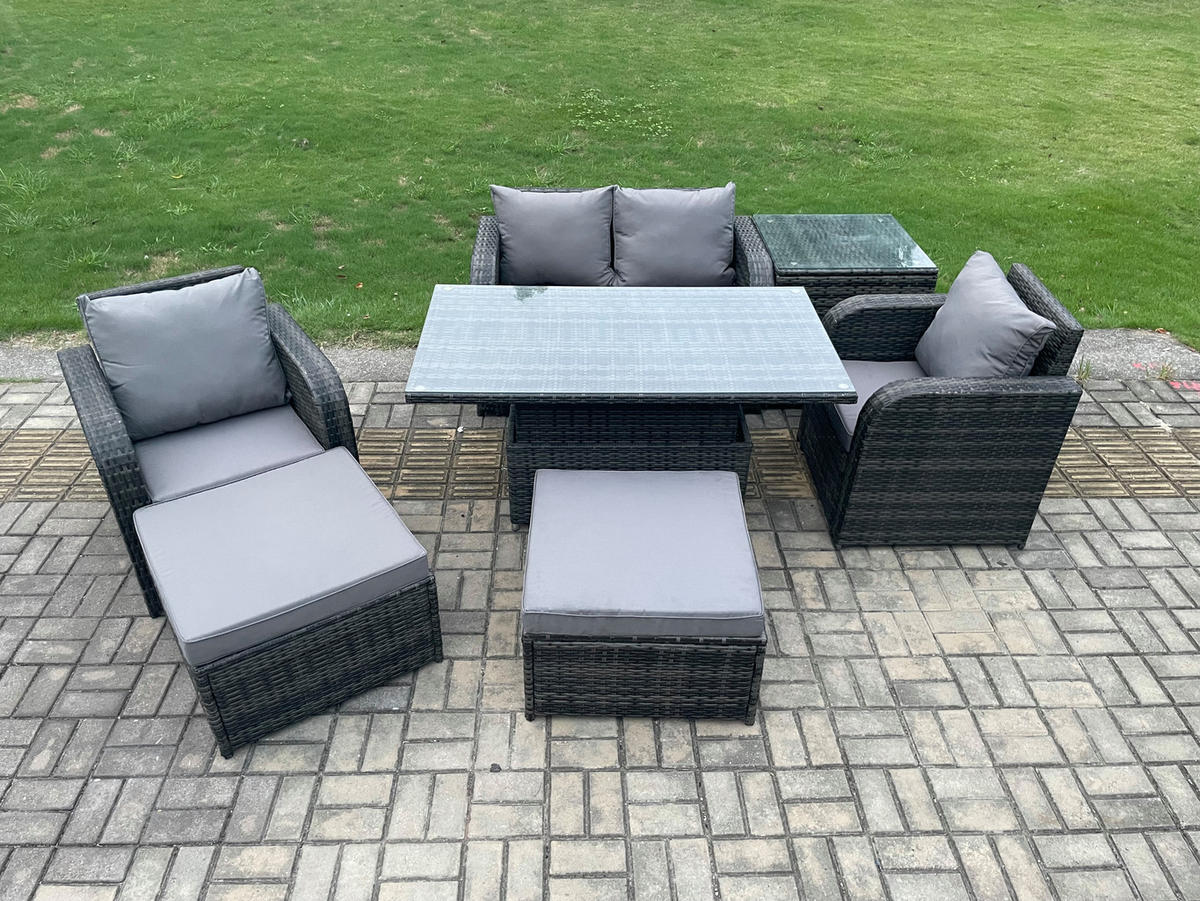 GARTENSET Polyrattan 6-Sitzer - Dunkelgrau/Grau, Glas/Kunststoff - Fimous