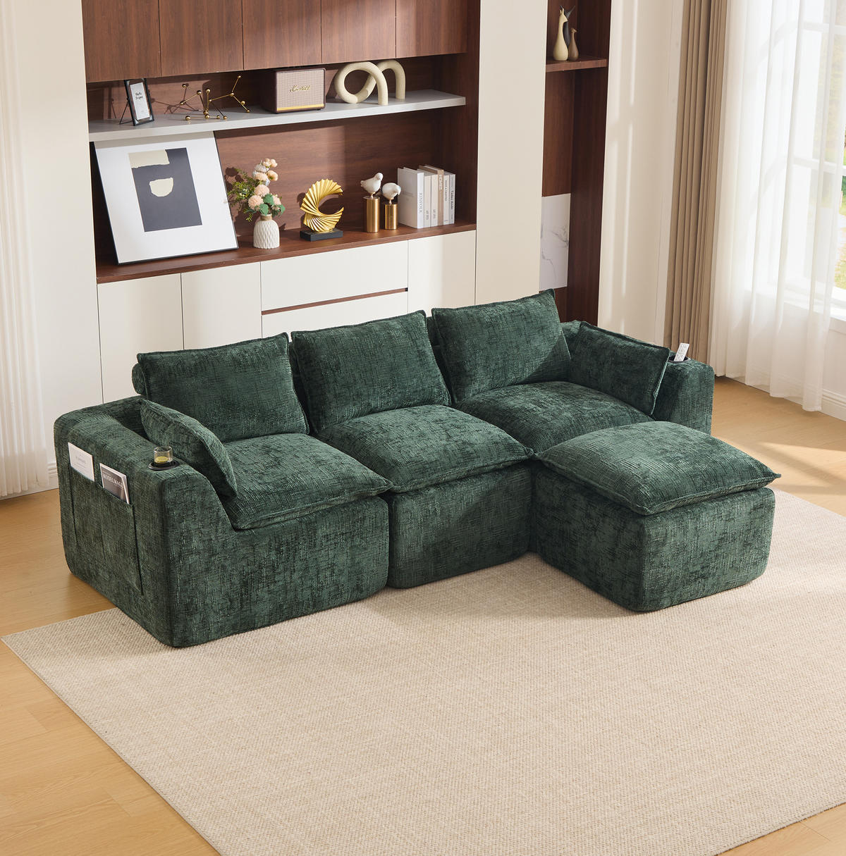 SOFA modular mit Fußhocker 256 x 161 cm Chenille Grün 3-tlg. - Grün, Holzwerkstoff (161/256cm) - Meubliv