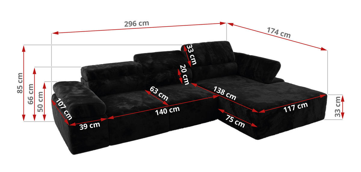 ECKSOFA RILASSO L Schwarz Plüsch - links - Schwarz, Kunststoff/Textil (296/174cm) - MKS