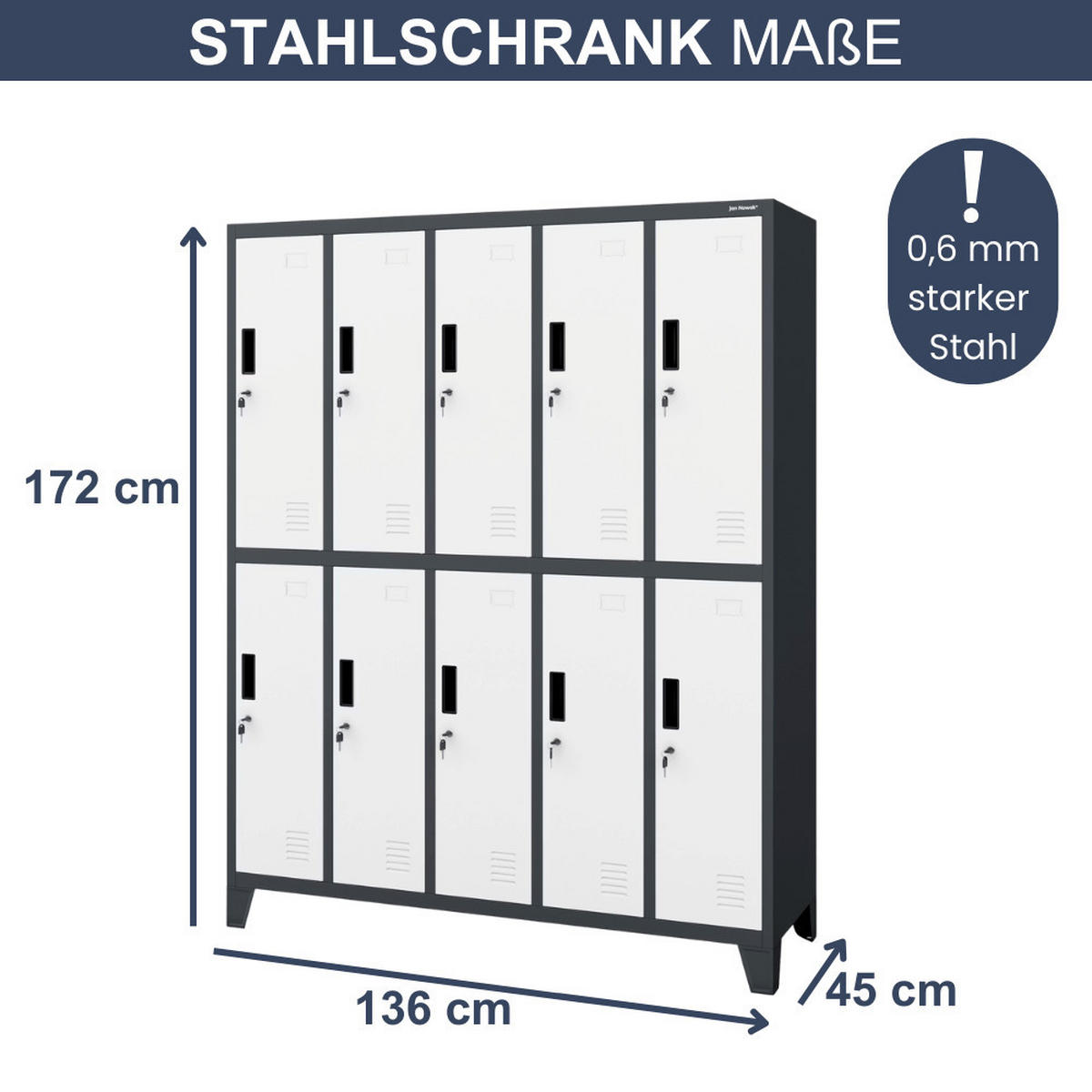 UMKLEIDESCHRANK Spind BERLIN 10 Abteile 172x136x45cm Anthrazit-Weiß - Anthrazit, Metall (136/172/45cm) - DELUKE