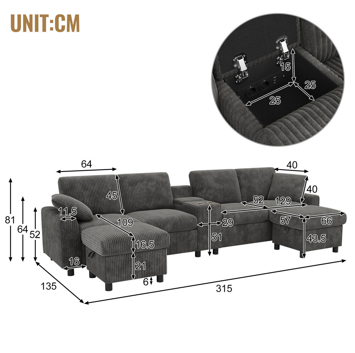 SEDACIA zostava do U z menčestru, 315/135/81 cm sivá, s taburetkami, úložným priestorom a USB - sivá, textil (135/81/315cm) - BEAOK