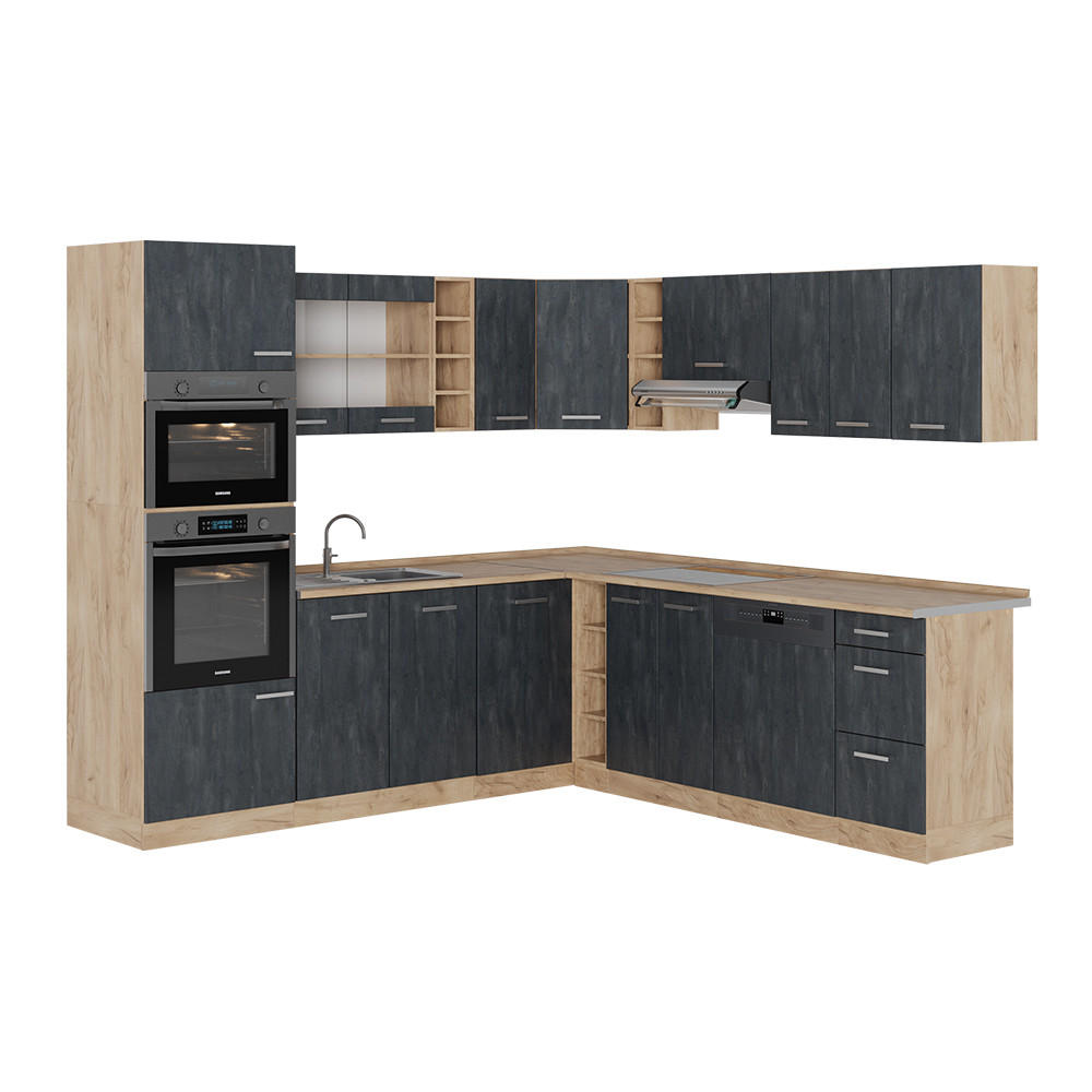 ECKKÜCHE IN L-FORM R-Line Schwarz Beton/Goldkraft Eiche 237 x 247 cm AP Eiche - Eiche Wotan/Schwarz, Holzwerkstoff (247/81.6/60cm) - Vicco