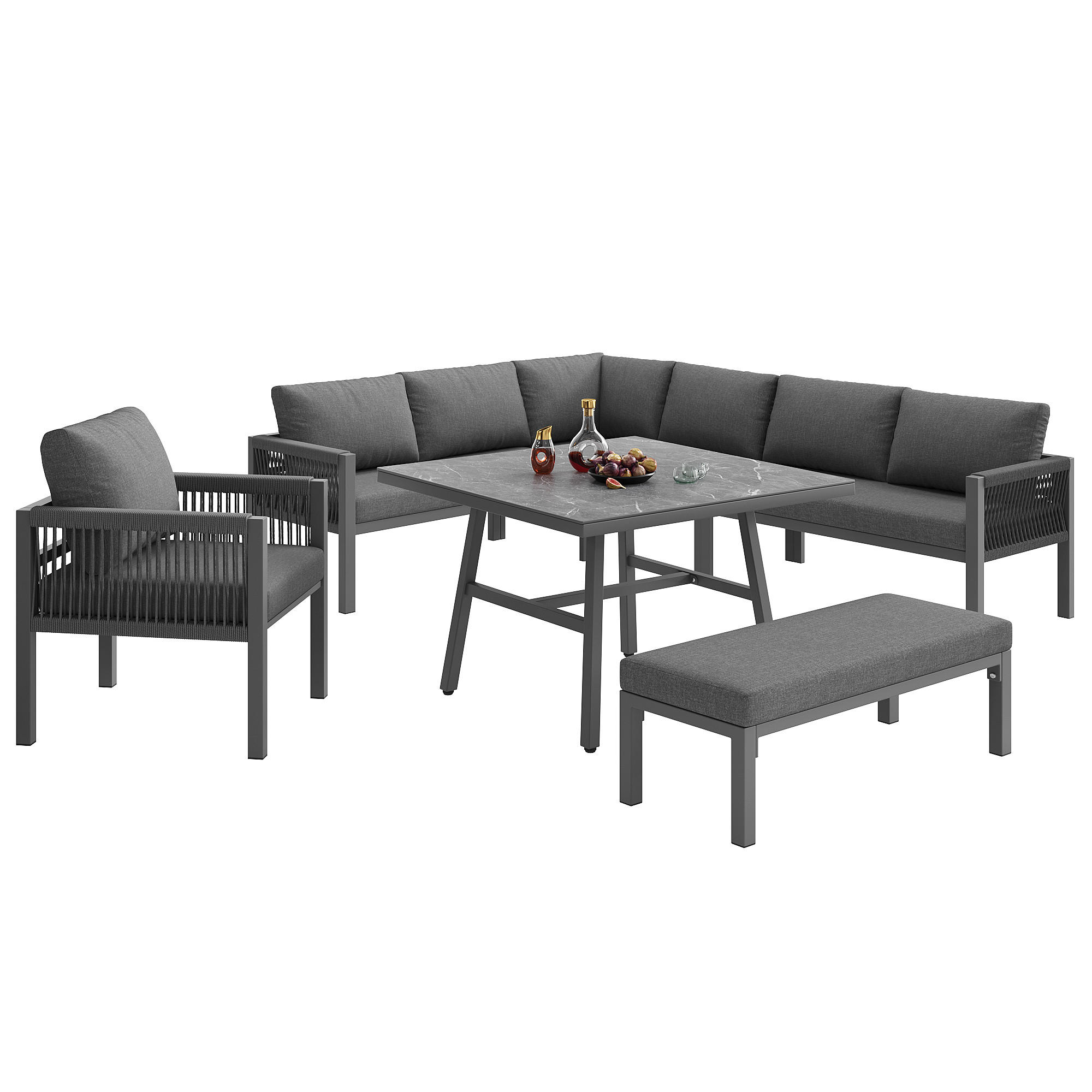 GARTENLOUNGE-SET Sitzgruppe für 8 Personen mit L-förmiges Gartensofa&Tisch Essgruppe - Grau, Textil/Metall - STILVORA