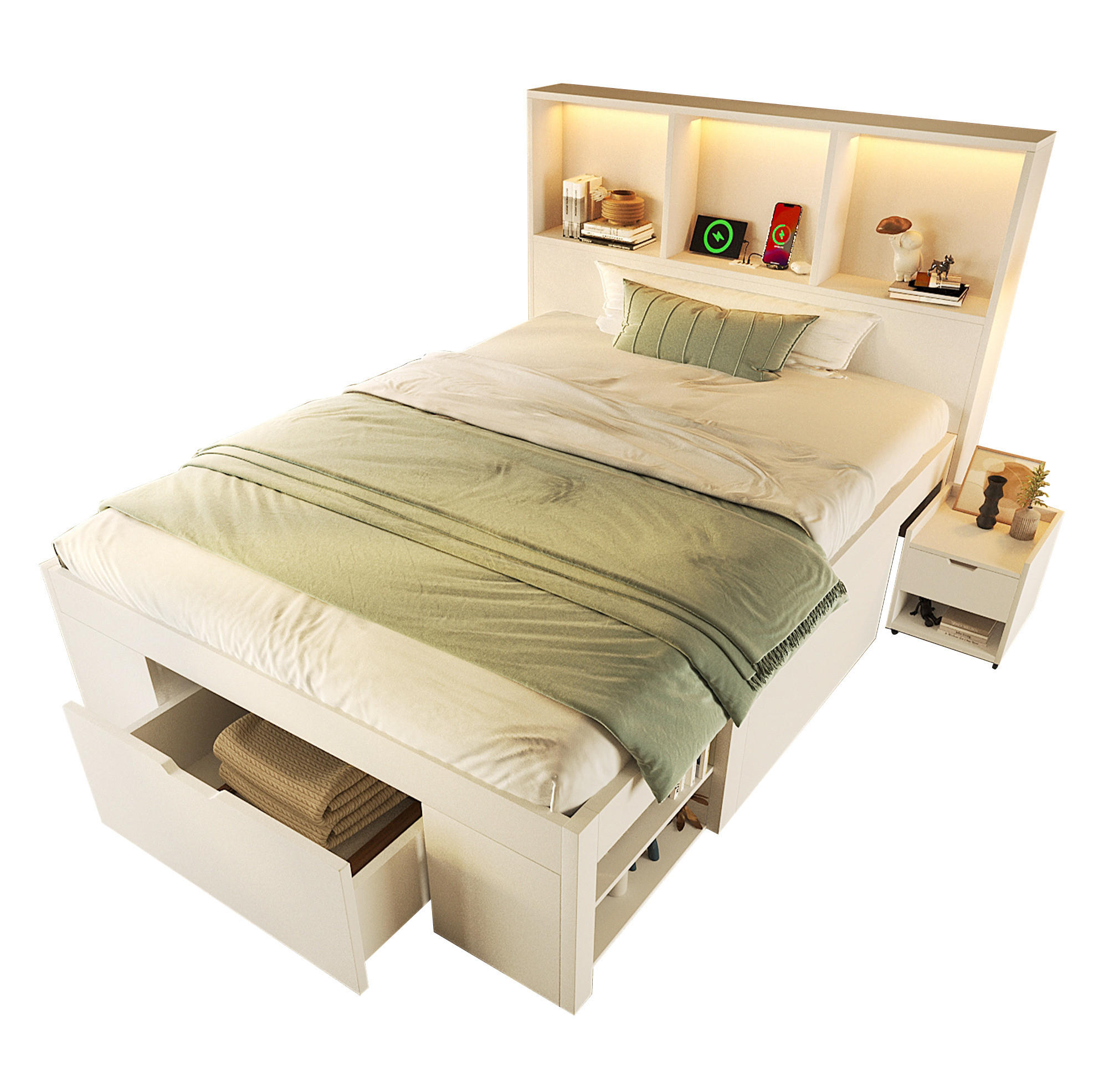 POLSTERBETT 90x200 cm in Weiß mit LED-Beleuchtung & Matratze - Weiß, Holzwerkstoff (90/200cm) - Modfu