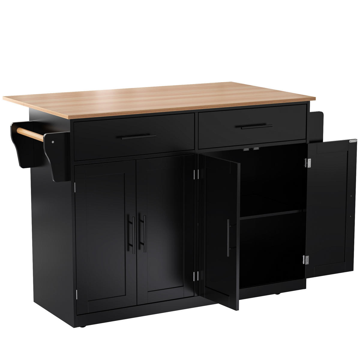 KÜCHENINSEL KLAPPBARE TISCHPLATTE mit Rollen und Türen, Schwarz, für Küche und Esszimmer, 120/71/91,5 cm - Schwarz, Kunststoff (71/91.5/120cm) - Rolipo