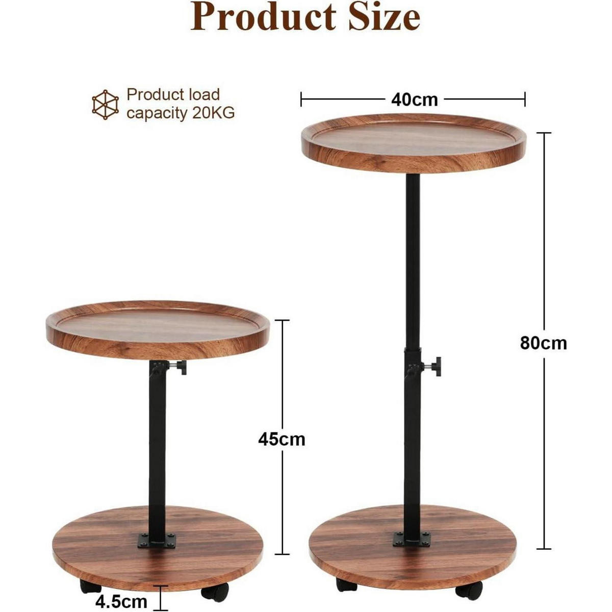 BEISTELLTISCH rund höhenverstellbar mit Rollen Nussbaum Finish - Braun, Holzwerkstoff (40/40/45cm)