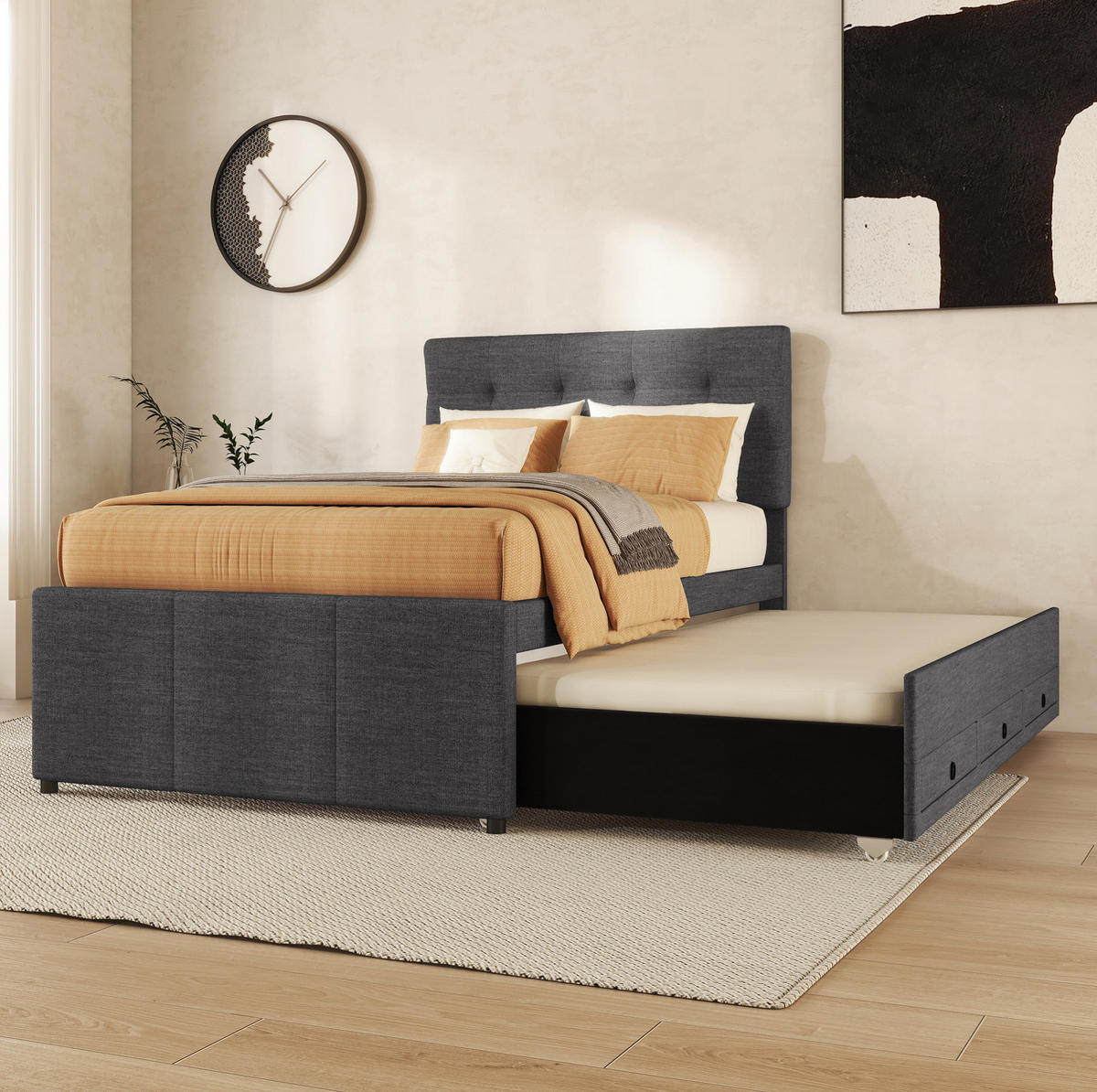 POLSTERBETT 90/200 cm Grau aus Leinen mit Ausziehbett - Grau, Textil (90/200cm) - OKMYHOME