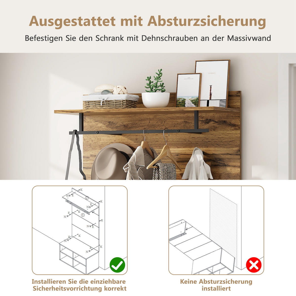 GARDEROBE Set Holzoptik Schuhbank Kleiderstange Regal 175cm - Eichefarben, Holzwerkstoff (84/175/37cm) - FLIEKS