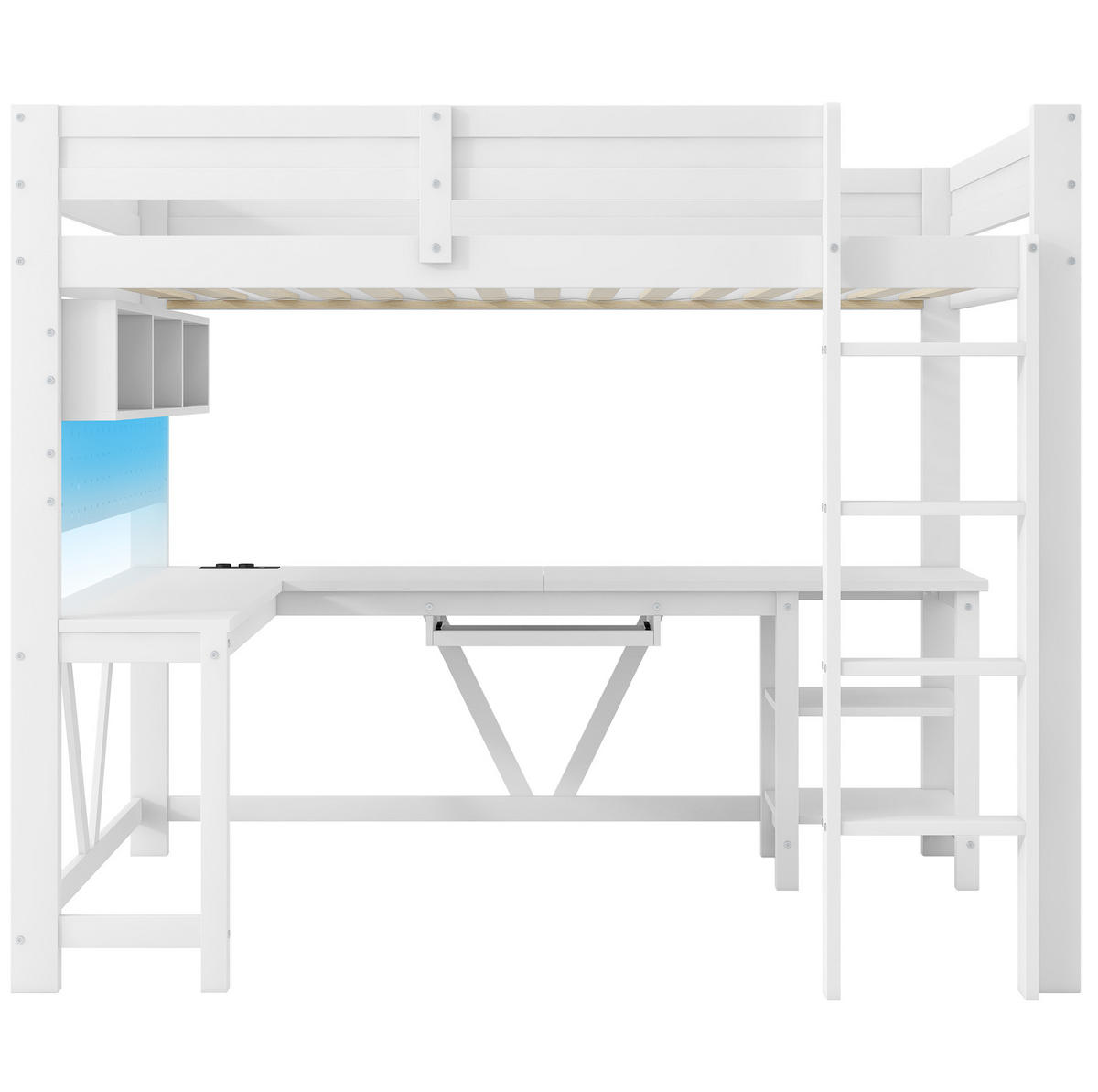 HOCHBETT 90/200 cm mit Schreibtisch, LED-Beleuchtung und Ladestation, Weiß - Weiß, Holzwerkstoff (90/200cm) - Redom