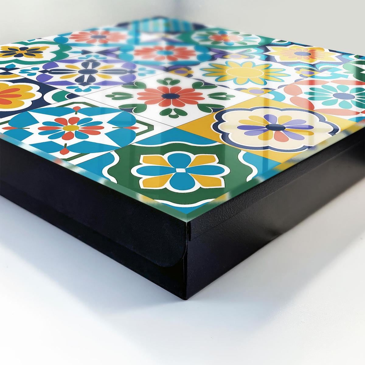SCHLÜSSELBOX Schwarz 30x30 cm- Türöffnung nach rechts - Blumenmuster - Blau, Metall (30/30/5cm) - TULUP