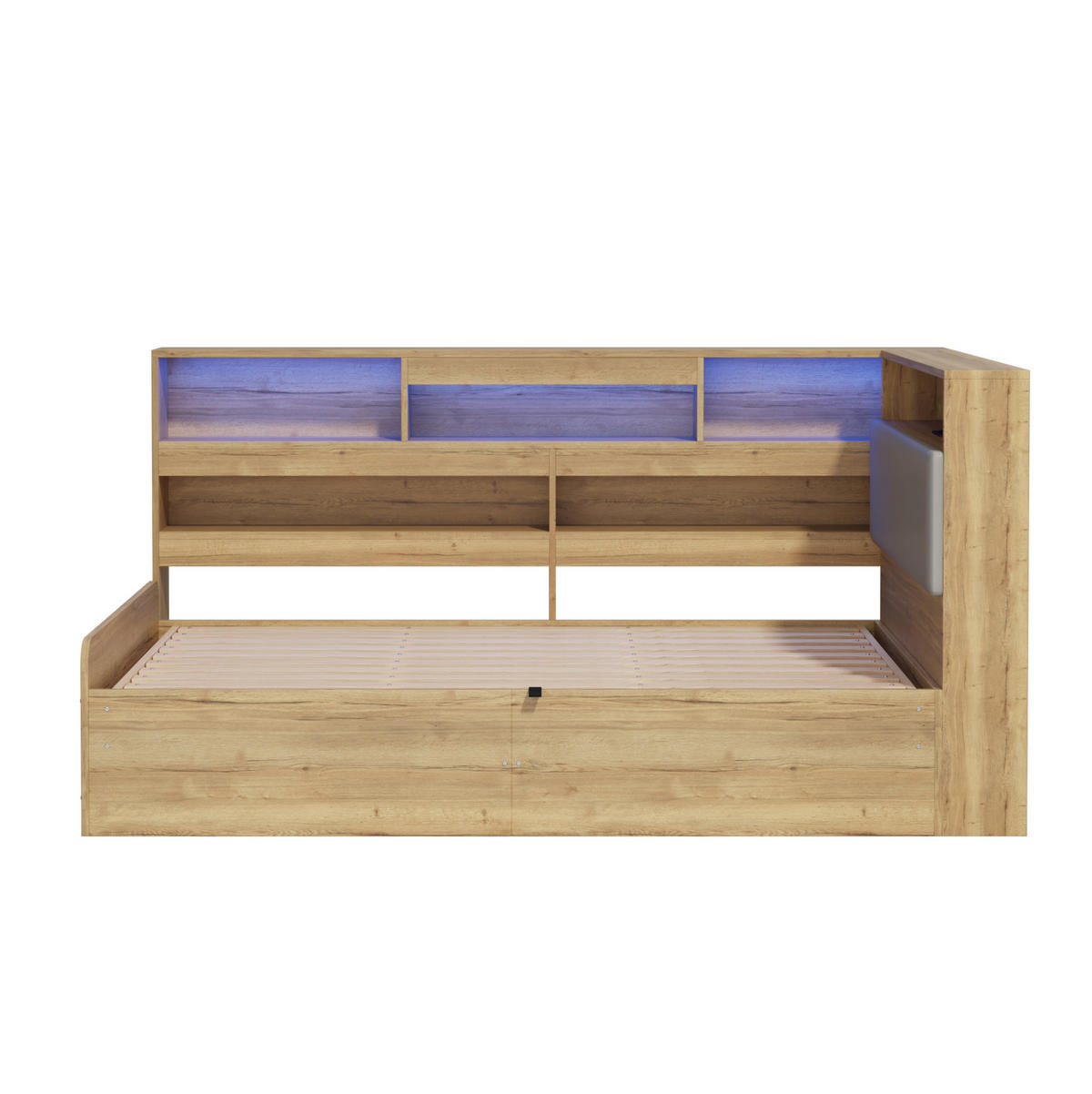 KINDERBETT 90/200 cm mit hydraulischem Stauraum, LED-Beleuchtung und USB-Ladestation, Natur - Naturfarben, Holzwerkstoff (90/200cm) - Redom