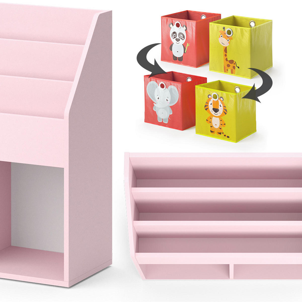 KINDERREGAL Luigi Rosa 72 x 79 cm mit 2 Faltboxen (Elefant, Tiger) - Pink, Holzwerkstoff (72/79/30.7cm) - Vicco