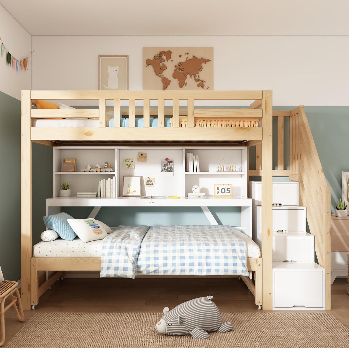 ETAGENBETT aus Kiefernholz 90x200 cm Weiß & Eiche mit Schreibtisch, Ausziehbett, Stauraum und Leiter - Eichefarben, Holz (90/200cm) - Modfu