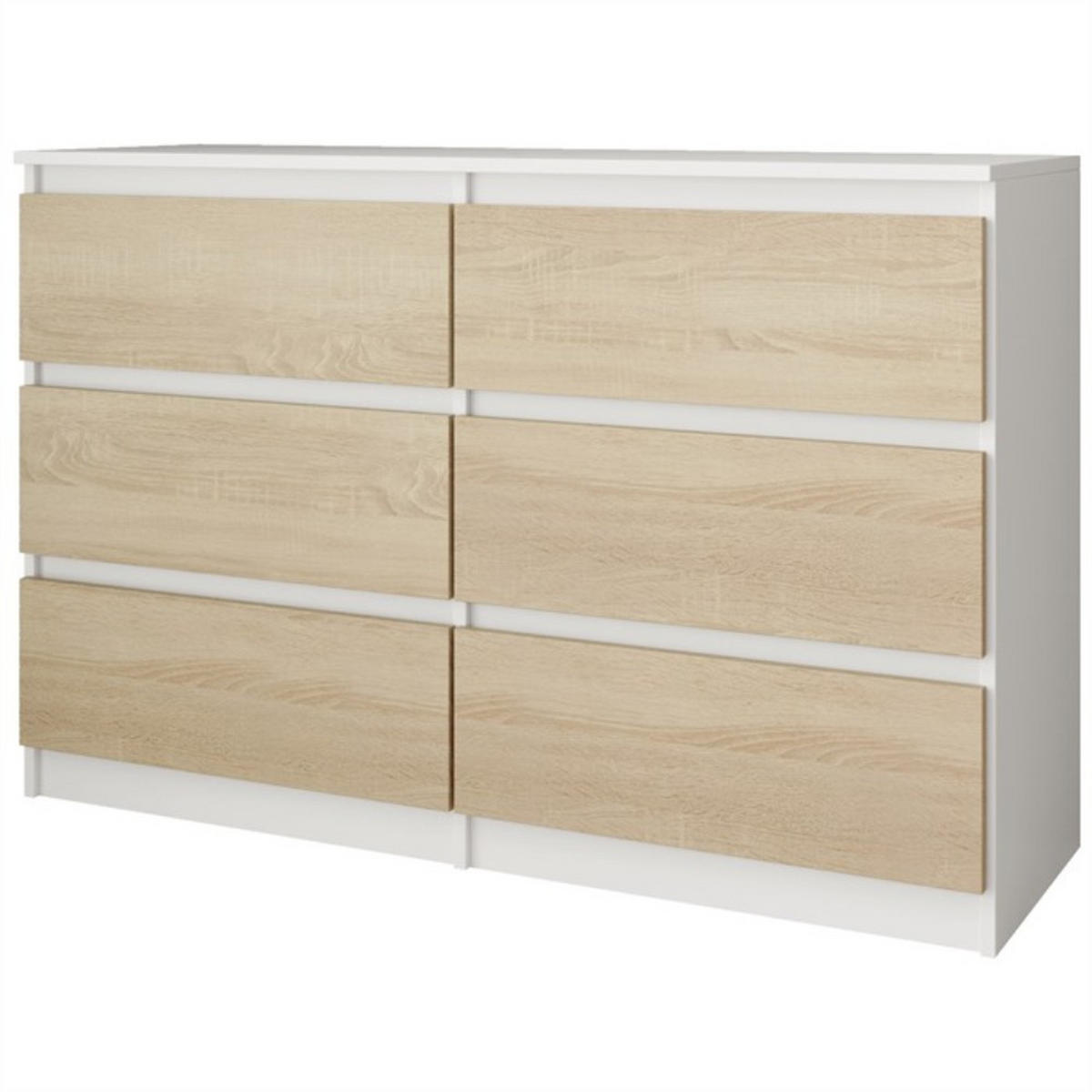 KOMMODE Look 120 cm mit sechs Schubladen, weiß+eiche Sonoma - Weiß/Sonoma Eiche, Holzwerkstoff (120/71/33cm) - Beautysofa