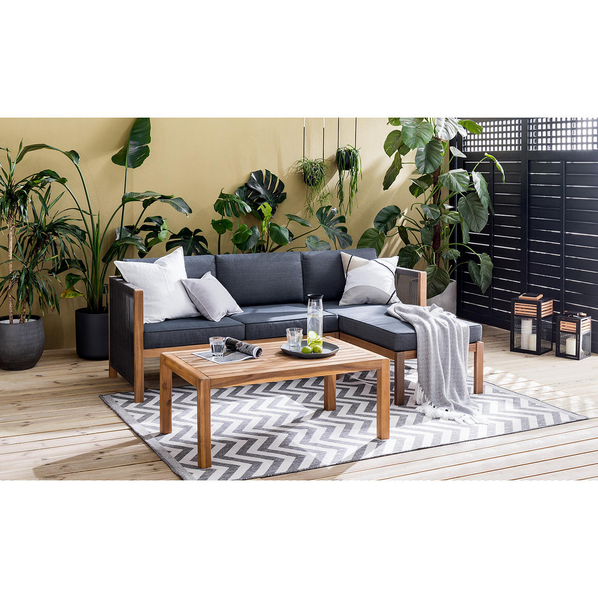LOUNGESET - Akazie massiv / Polyester - 3-teilig - Braun/Grau, Holz/Textil - home24
