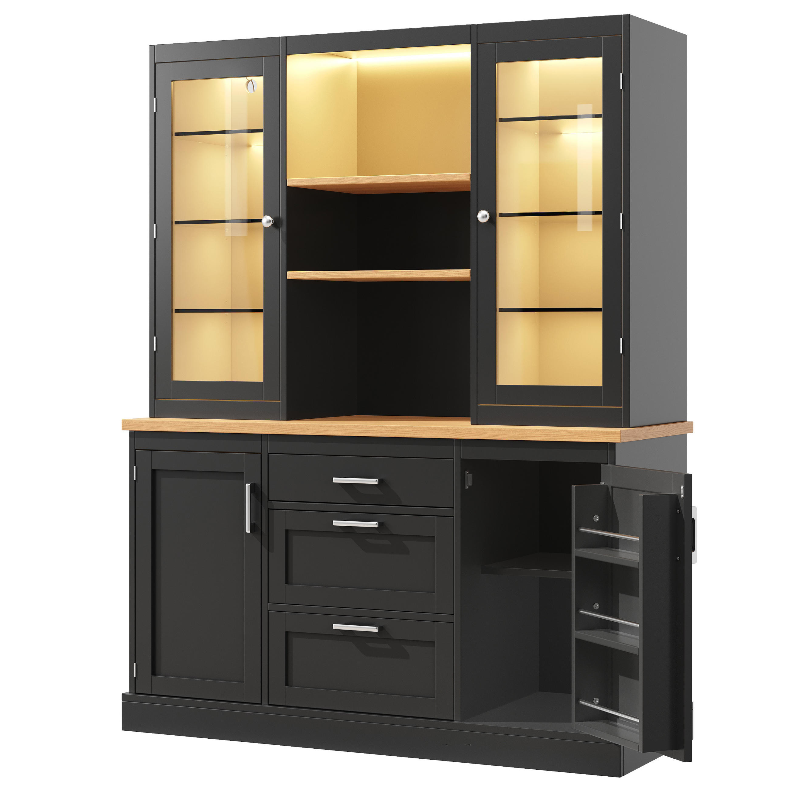 BUFFET DE-38453 140/40/185 cm mit LED-Beleuchtung und Arbeitsplatte Schwarz - Schwarz, Holzwerkstoff (140/185/40cm) - ComfortXL