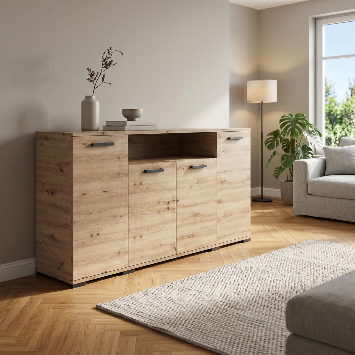 KOMMODE ALBANO 160/83/40cm mit 4 Schubladen Türen Eiche Artisan - Eiche Artisan, Holzwerkstoff (160/83/40cm) - MASSENO
