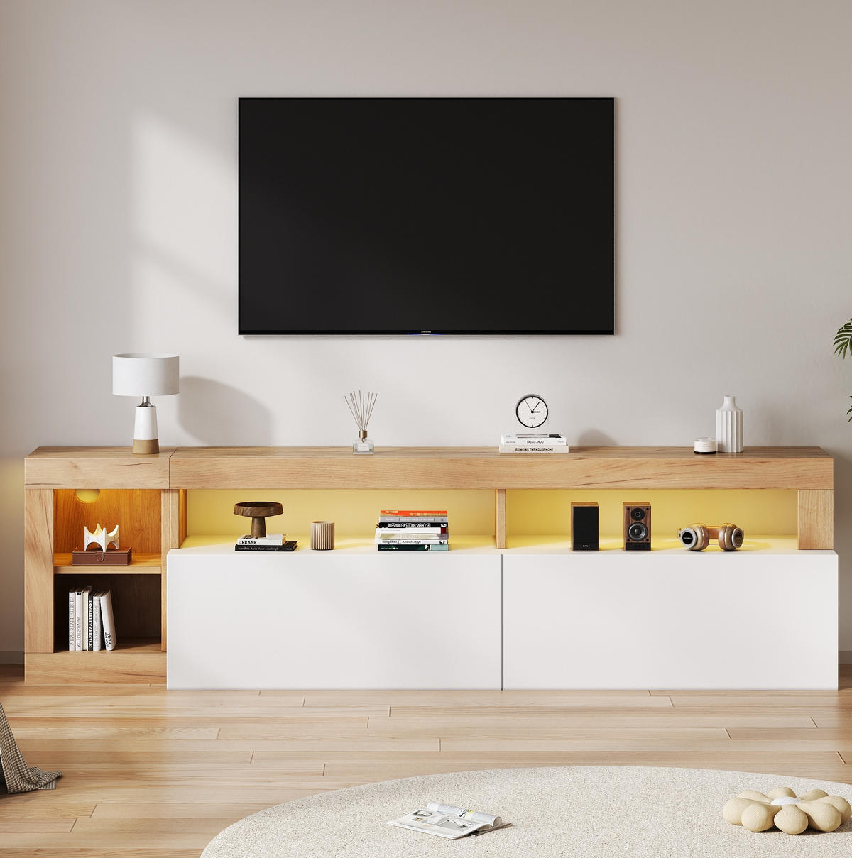 TV stolek 184/42/58 cm bílý z dřevotřísky s LED osvětlením a úložným prostorem - bílá, kompozitní dřevo (184/58/42cm) - OKWISH