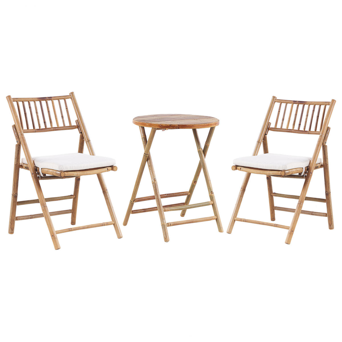 BALKONSET 2-Sitzer Bambusholz hellbraun Auflagen cremeweiß zusammenklappbar Savelletri - Hellbraun/Weiß, Holz/Textil - Beliani