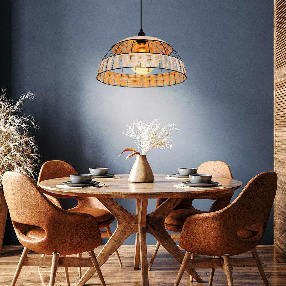 LED HÄNGELEUCHTE Rattan Braun Gitteroptik - Braun, Holz (40/40/120cm) - Globo Lighting