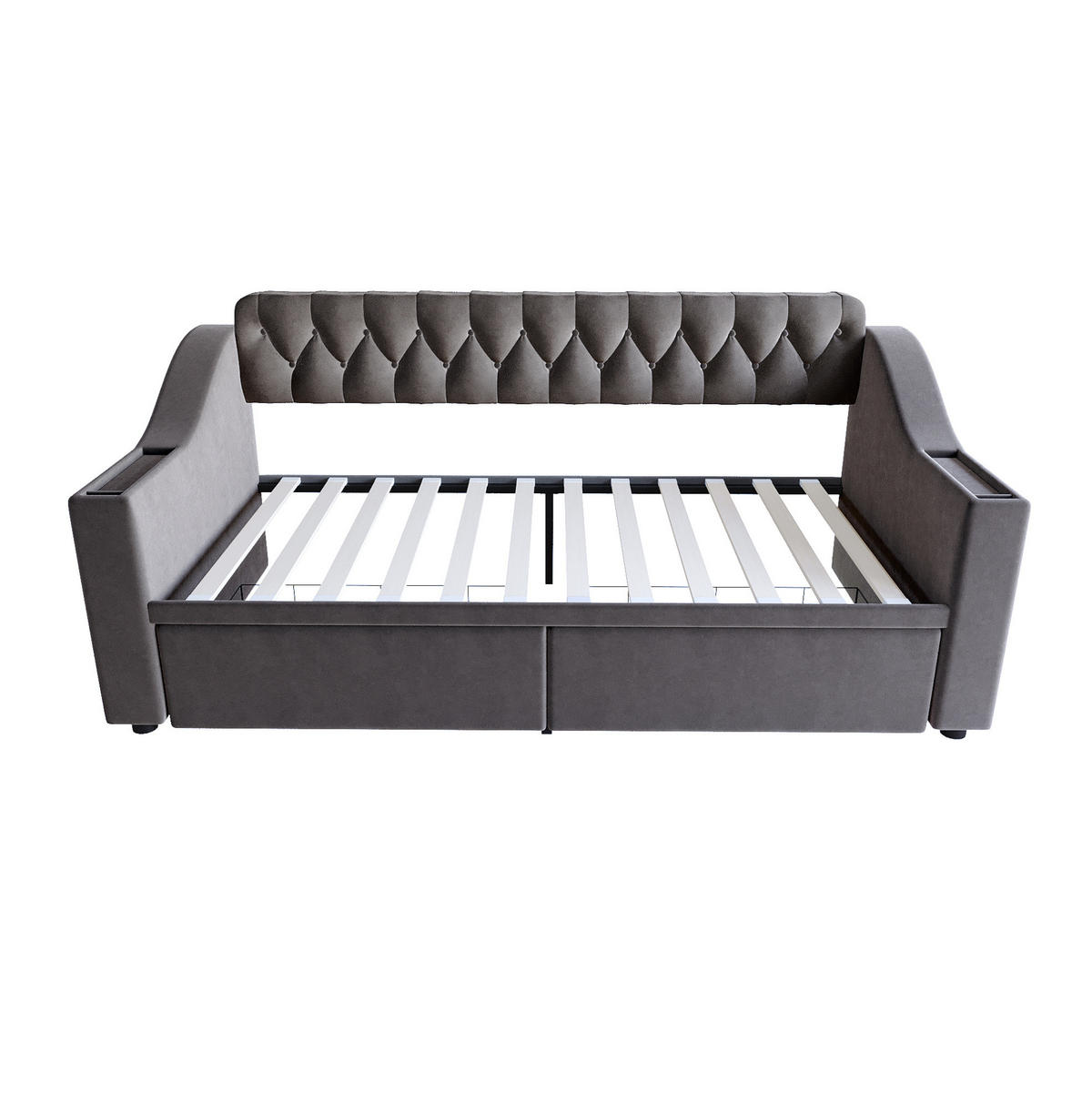 SCHLAFSOFA aus Samt 90x190 cm Grau mit Schubladen, Stauraum und Ladeanschlüssen - Grau, Textil (90/190cm) - IVMEU