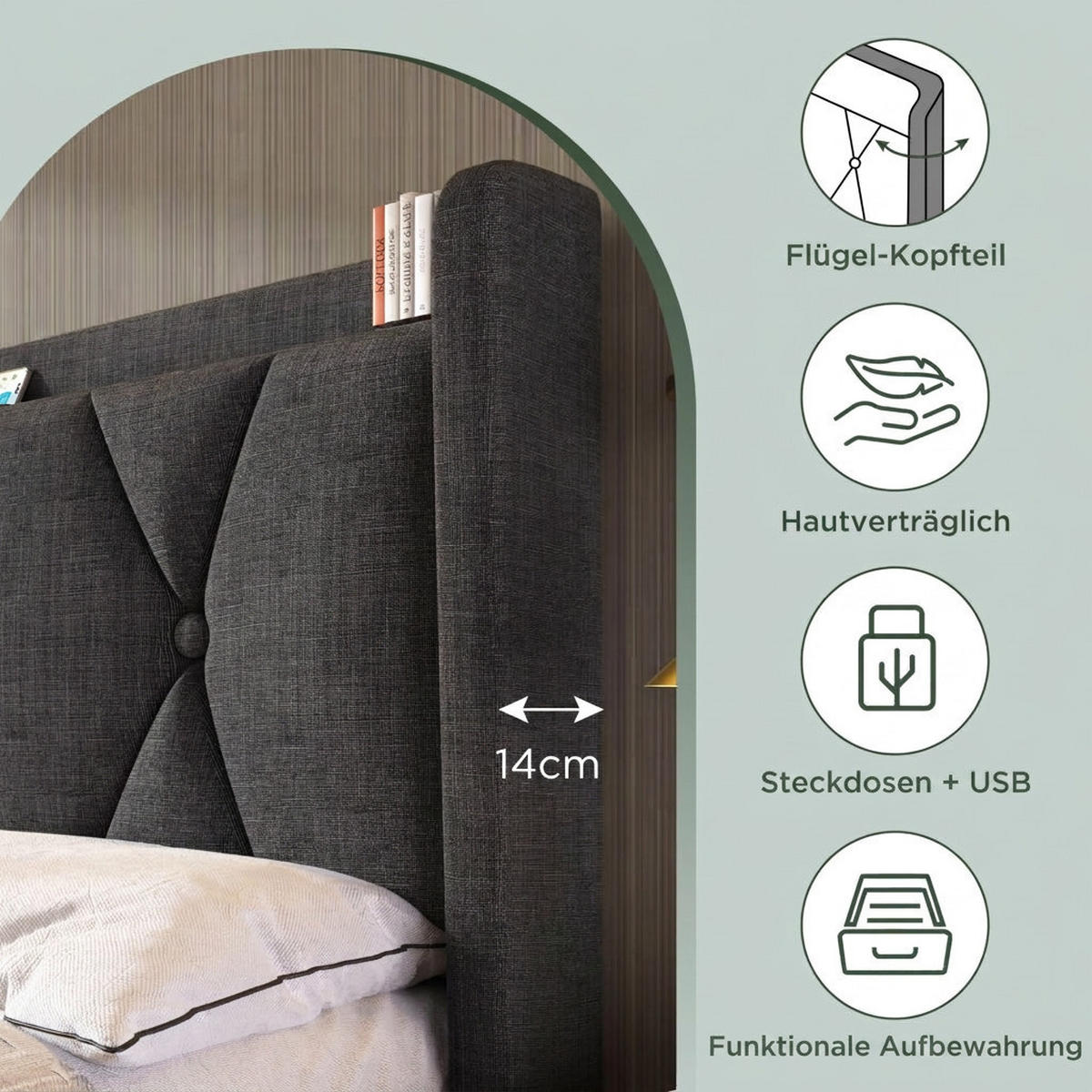 POLSTERBETT 160/200 cm Grau mit aufladen USB Ladefunktion Kopfteil und 4 Schubladen - Grau, Textil (160/200cm) - Oxeza