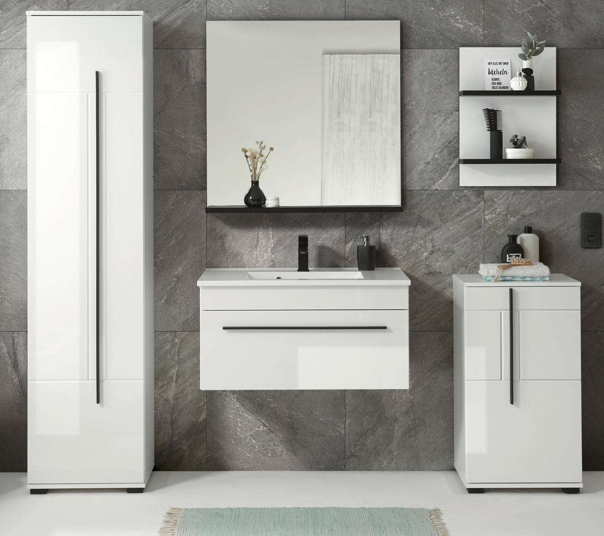 BADMÖBEL-SET weiß Hochglanz schwarz, Badkombination MIT Waschbecken, 190 x 200 cm - Weiß Hochglanz/Schwarz, Holzwerkstoff/Kunststoff (190/200/45cm) - Furn.Design