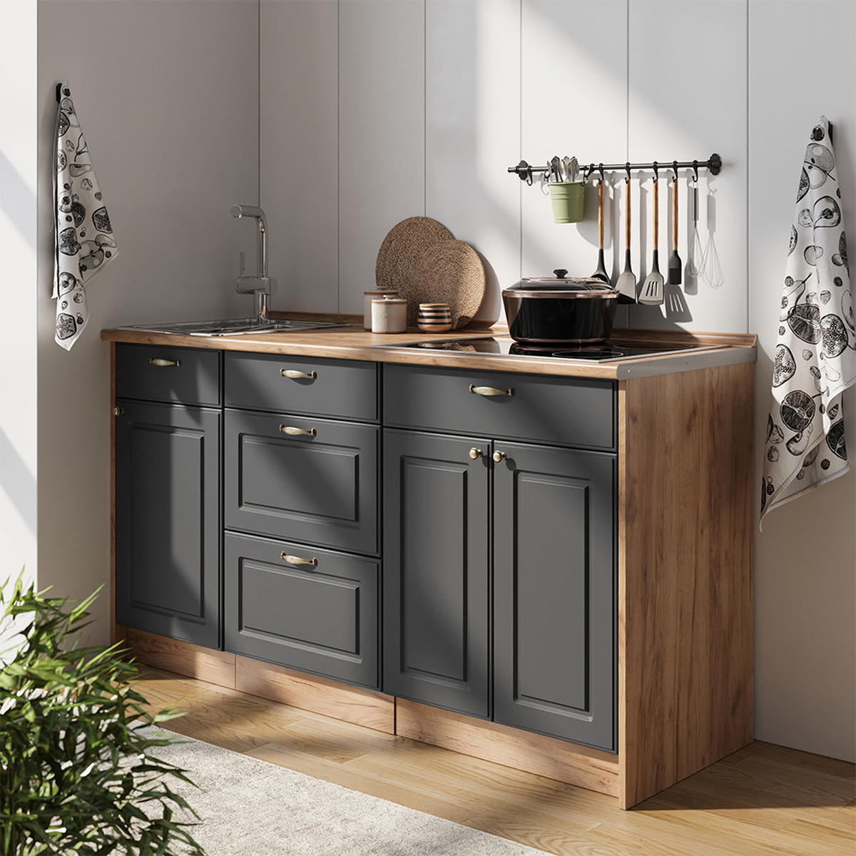 KUCHYNSKÝ BLOK Fame-Line, Antracitovo-zlatý vidiecky dom, 150 cm, AP Marble - dub medový/antracitová, kompozitné drevo (150/82/60cm) - Vicco