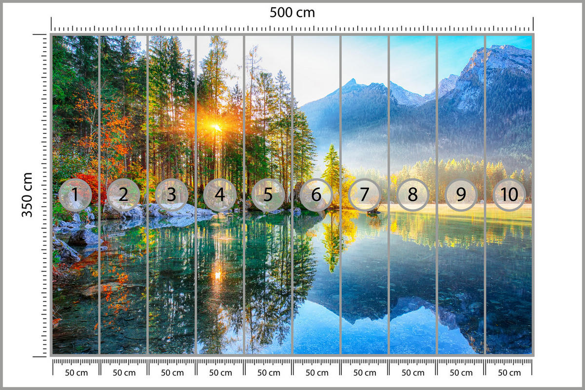 FOTOTAPETE für Schlafzimmer See Berge Bäume Sonnenuntergang Natur 500x350 - Gelb/Rot, Papier (500/350cm) - Muralo
