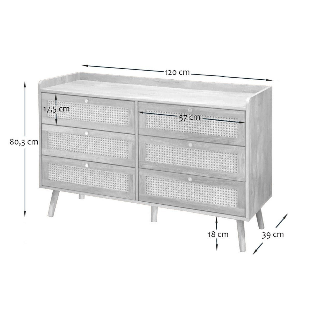 KOMMODE mit 6 schubladen mit fronten aus natürlichem rattan - PALMO 120/39/79 cm - Apfelbaumfarben, Holzwerkstoff (39/79/120cm) - Calicosy