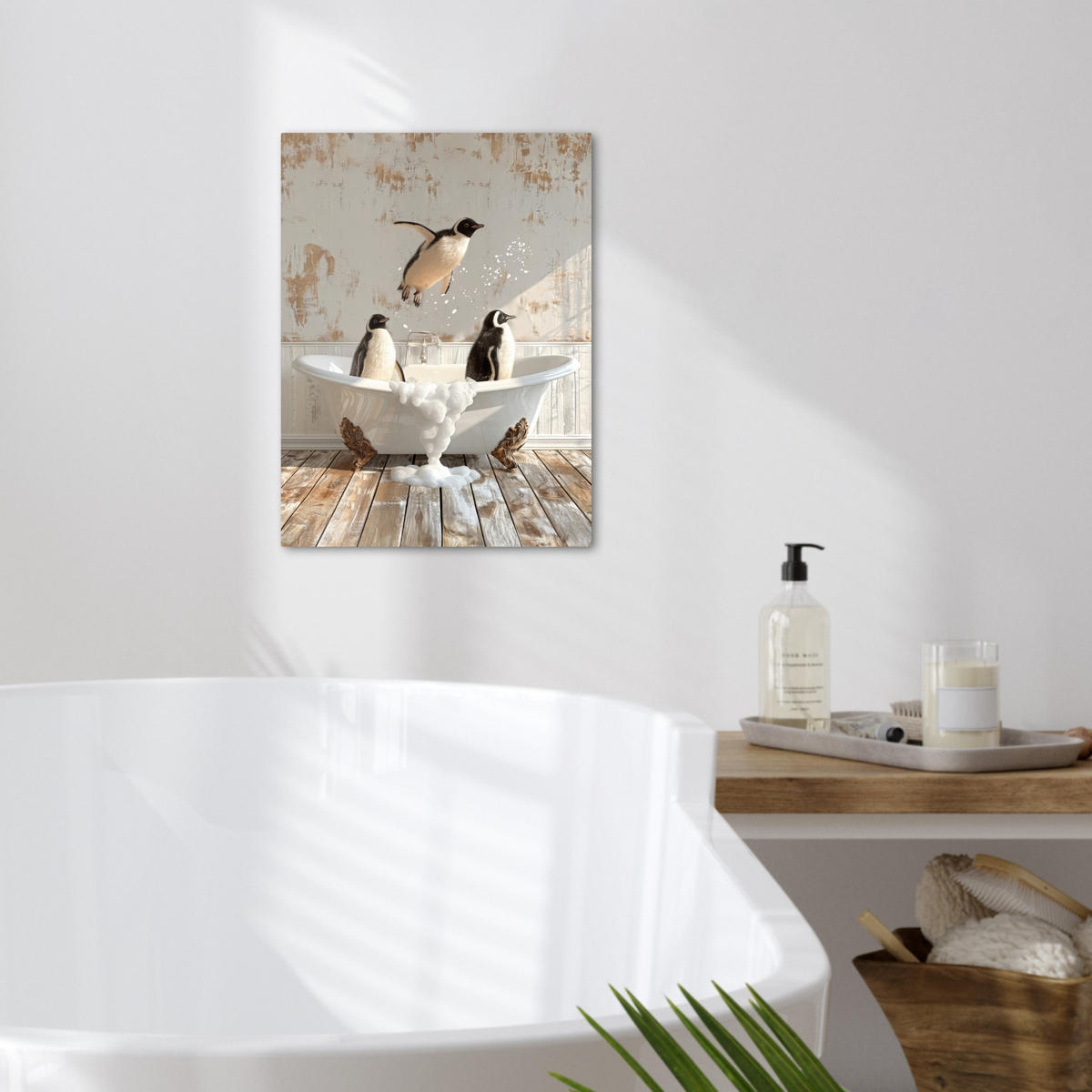 LEINWANDBILD Vintage - Pinguin - Badewanne - Schaumstoff 30x40 cm - Schwarz, Textil (30/40cm) - MuchoWow