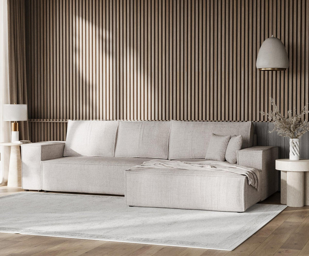 ECKSOFA TAURI mit Schlaffunktion Hellbeige im Neve Stoff - Sandfarben/Schwarz, Holz/Holzwerkstoff (294/185cm) - AltaBeds